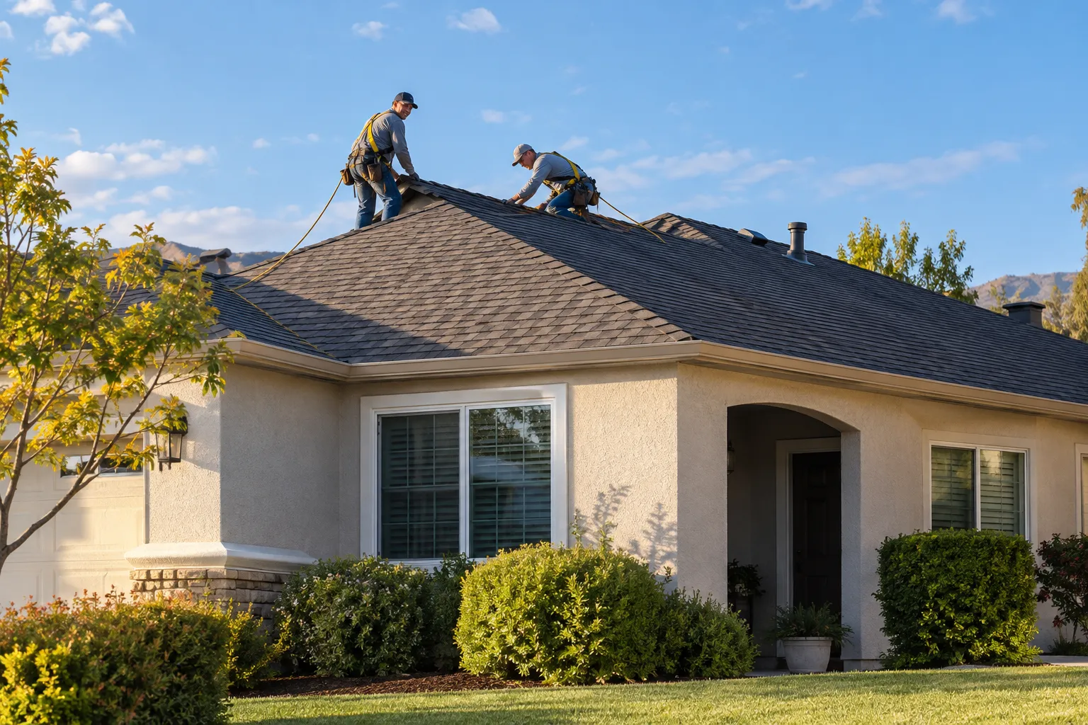 A Irvine home with a newly installed roof on a clear day