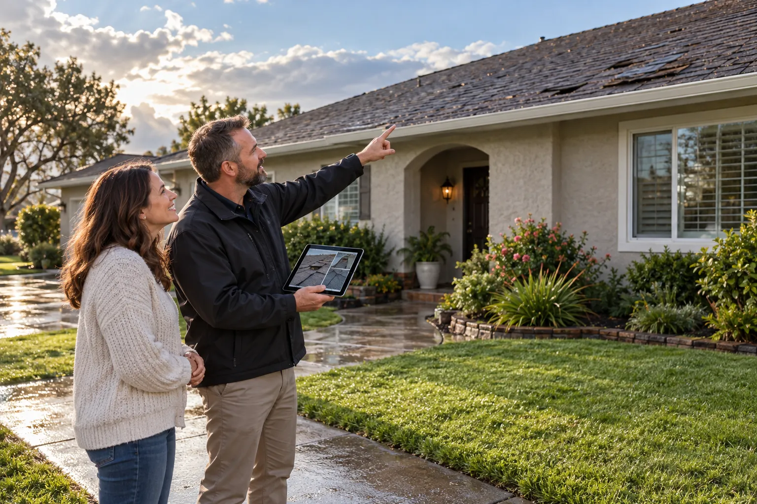 Local provider and homeowner reviewing hail-damaged shingles from the ground on a home in Irvine